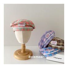 韩系ins彩色格子儿童贝雷帽夏季薄款布标蓓蕾帽凹造型时装画家帽
