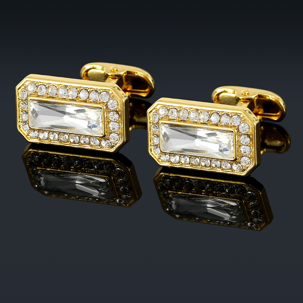 fashion gold rectangular zircon full diamond crystal cufflinks men's French shirt cuff nails new products in stock_voghion.com