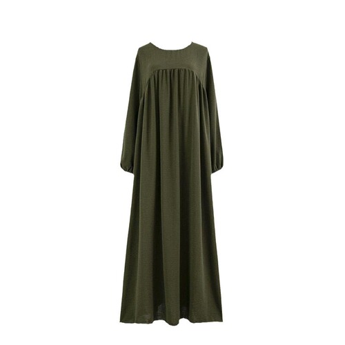 Round-neck, loose-fit, plus-size long-sleeved solid-color pullover robe skirt—spring and autumn knee-length dress