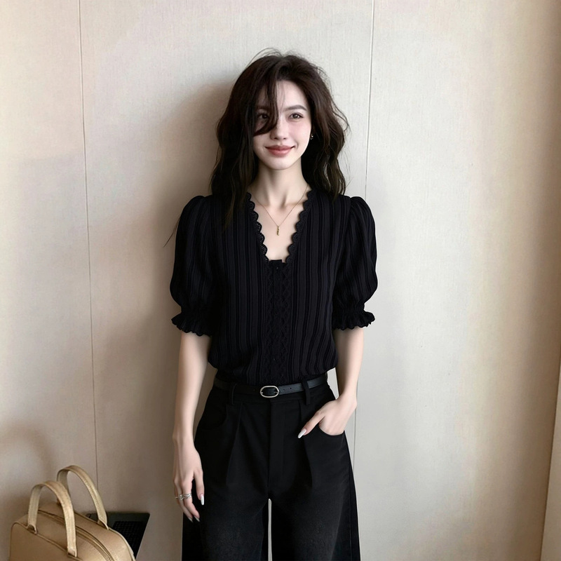 French Lace V-Neck Puff-Sleeved Black Top for Women 2026 New Spring Design Stylish Retro Shirt French Lace V-Neck Puff-Sleeved Black Top for Women 2026 New Spring Design Stylish Retro Shirt