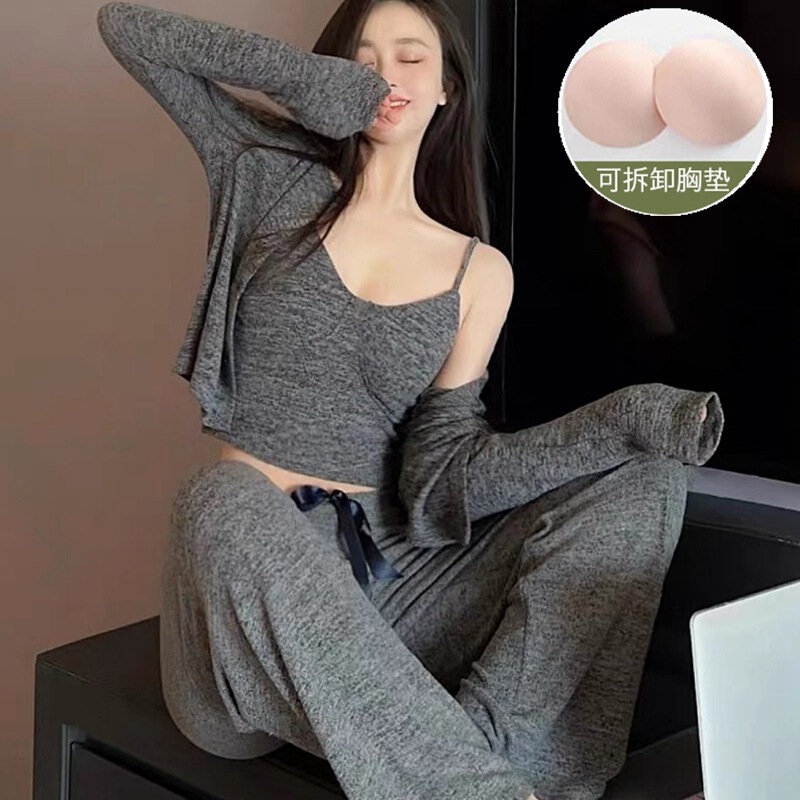 Thin women's three-piece suit with chest pad rayon cashmere tree sexy sling long sleeve solid color trousers home wear