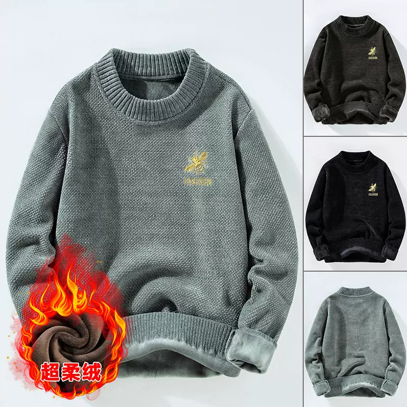 冬季新款圆领加绒保暖毛衣男针织衫潮牌长袖衣服男士打底衫上衣男