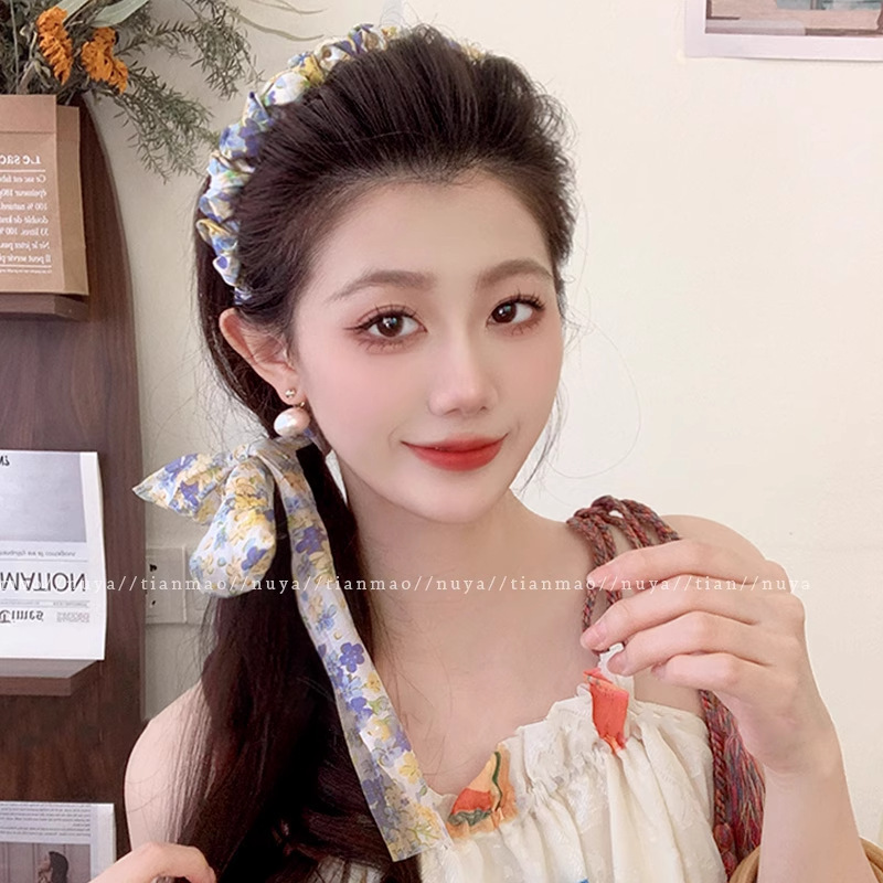 繁花飘带齿梳发箍女外出百搭高颅顶发卡复古波浪编发头箍气质头饰|undefined