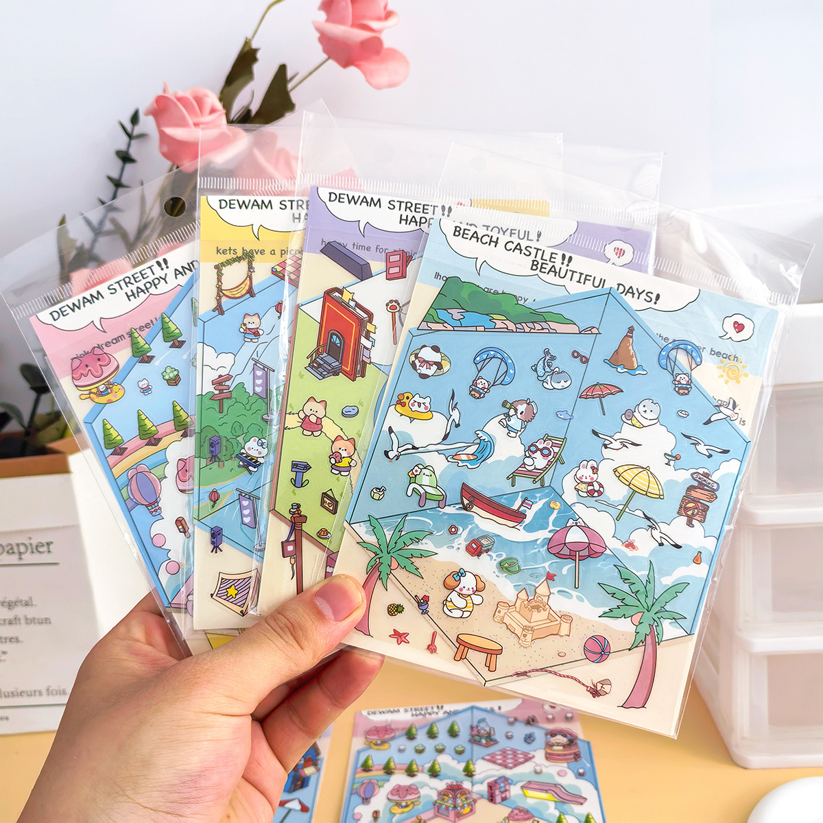 Inglés transfronterizo 3D cabina tridimensional niños niñas paisaje pegatinas DIY decoración comercio exterior pegatinas de escena en miniatura