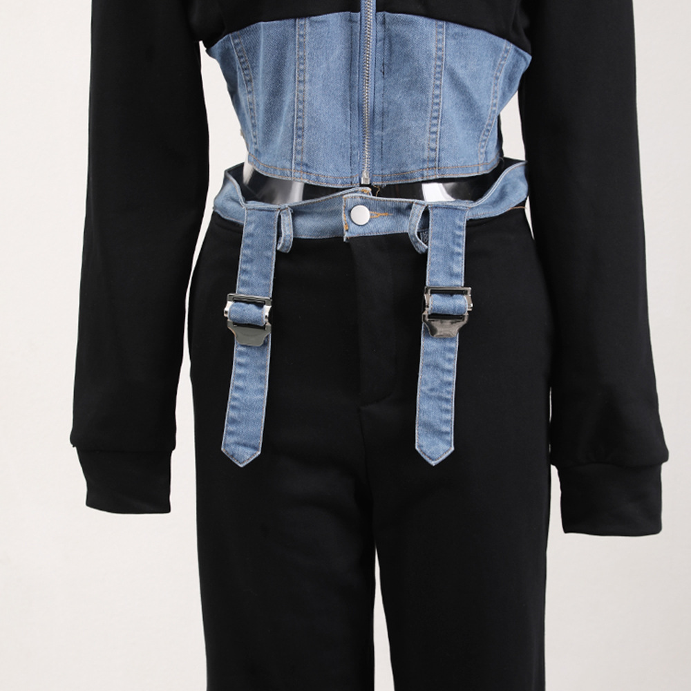 Women's Retro Denim Splicing Hoodie And Trousers Two Piece Set_voghion.com