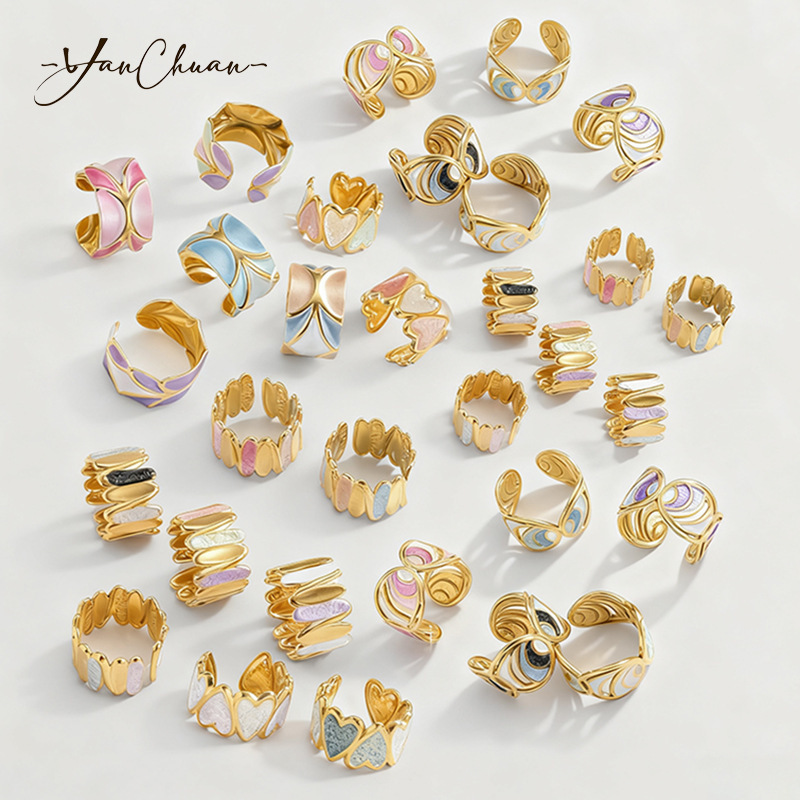 Colorful Enamel Drip Oil Titanium Steel Ring Set, European and American Ins Style Artistic Design Open Ring for Women Colorful Enamel Drip Oil Titanium Steel Ring Set, European and American Ins Style Artistic Design Open Ring for Women
