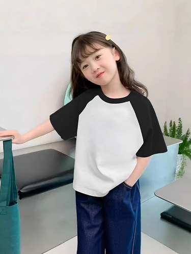 2025 Summer Unisex Kids Splicing Sports Casual Short Sleeve T-Shirt with Drop Shoulder