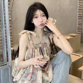 甜辣减龄洋气吊带/中袖两穿法式衬衫夏季宽松短款显瘦一字肩上衣