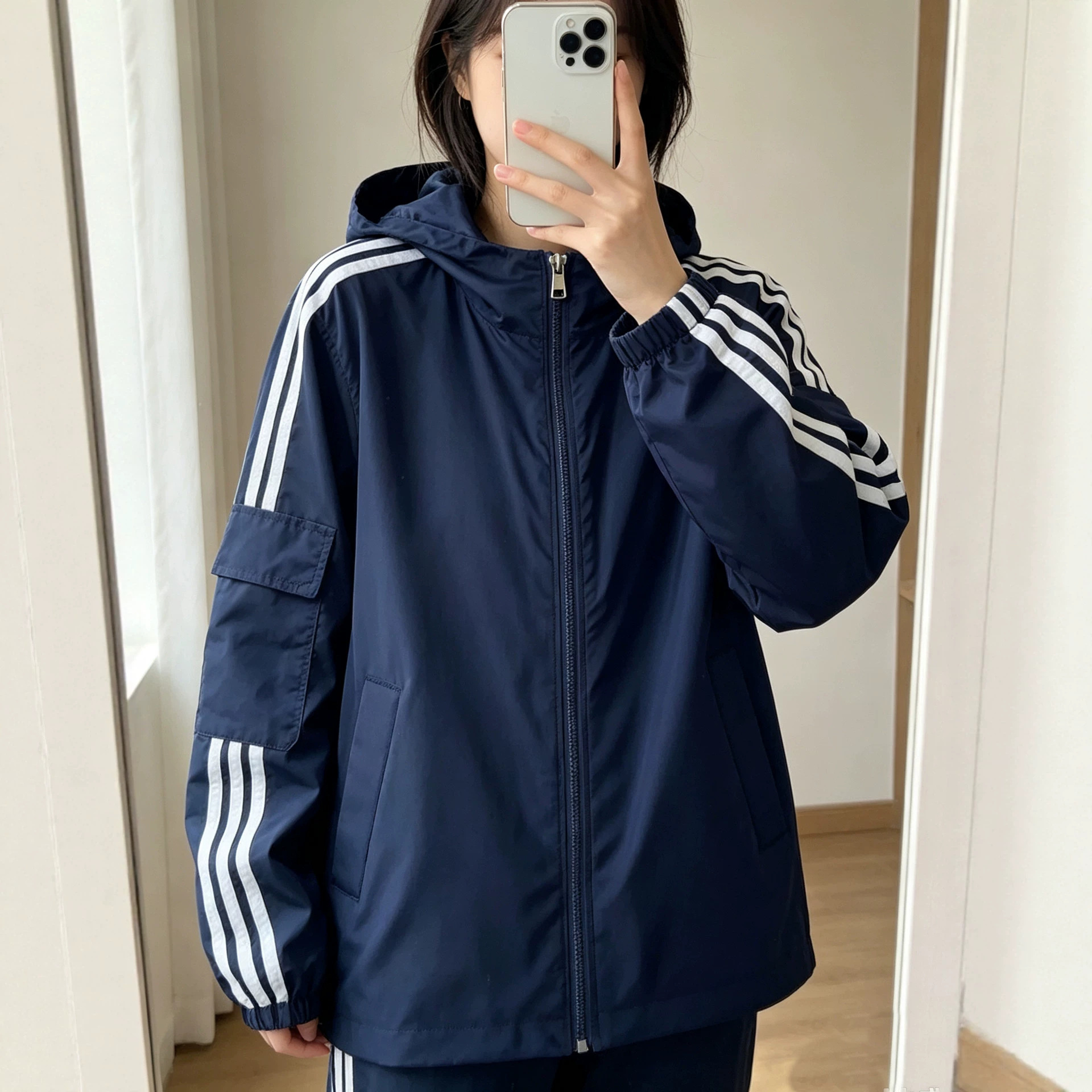 Women's Casual Sporty Hooded Windproof and Breathable Cardigan with Striped Zipper and Single Arm Pocket