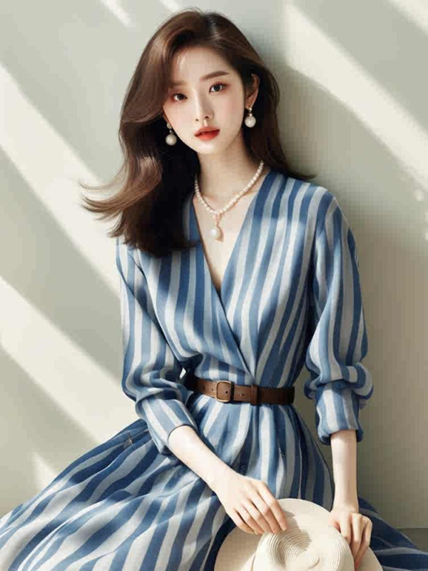 2025早秋新款女装小众不撞款超好看v领收腰蓝色条纹衬衫连衣裙子|undefined