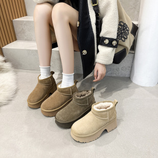 2024 Autumn and Winter New Snow Boots Women's High Heel Thick Bottom Increased Thick Warm Leather Cotton Boots