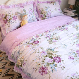 O1韩版田园风浅紫色蕾丝花边床上四件套花卉被套荷叶边
