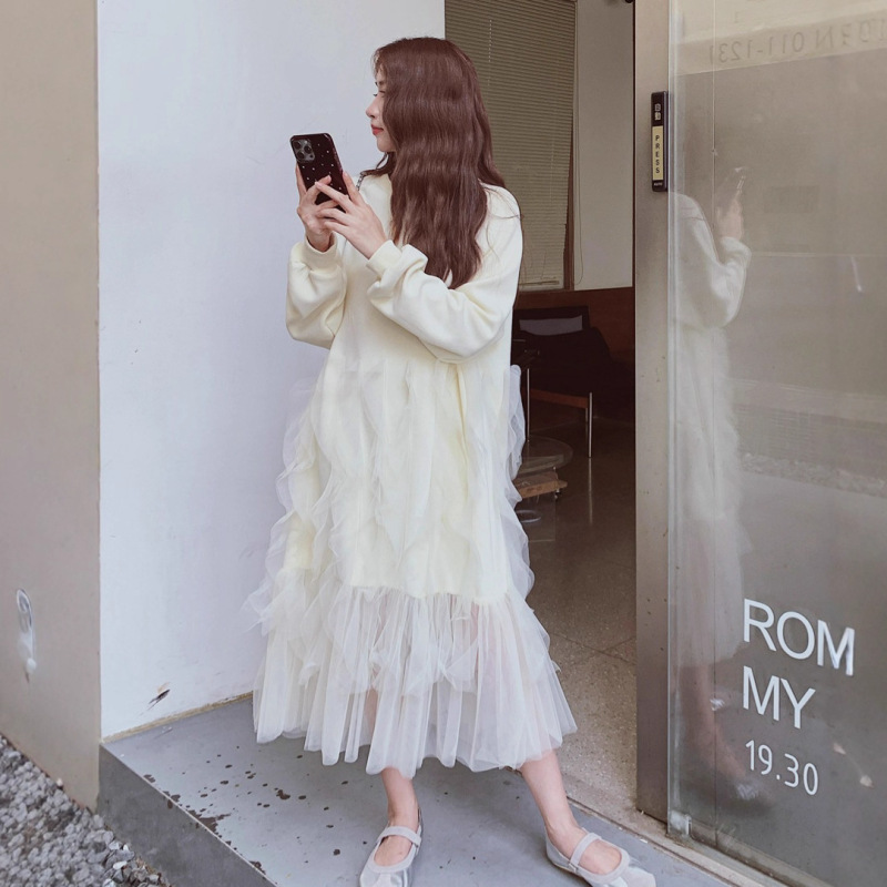 网纱拼接连衣裙女2025秋新款中长款长袖卫衣裙甜美清新长裙子减龄|undefined