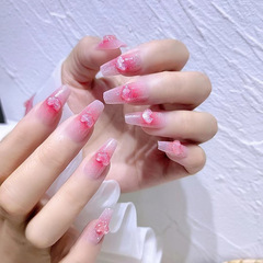 Trapezoidal Nail Collection Girl Bow Blush Wearable Nails Removable Fake Nails Factory Direct Sales One Piece Dropshipping