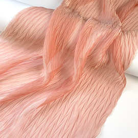 百褶 橘色幻色横纹肌理压皱褶皱雪纺时装布料 衬衫连衣裙面料