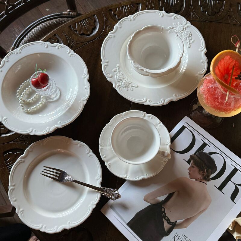 French antique heavy industry rose relief ceramic western porcelain plate coffee cup and saucer series dessert dish plate wholesale