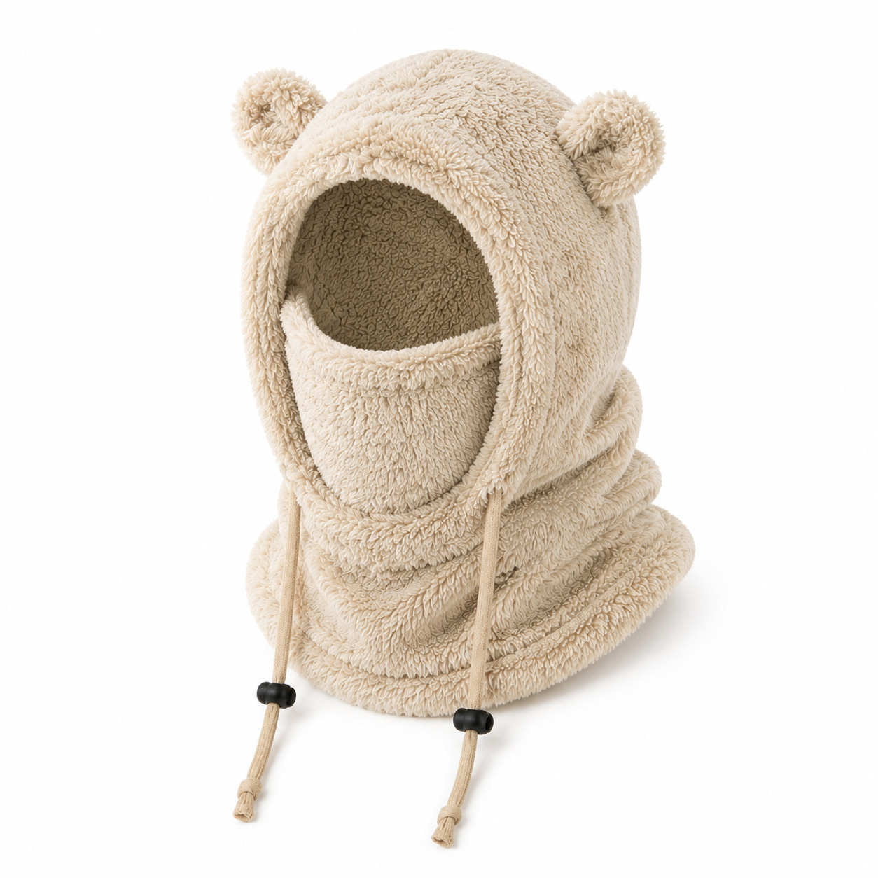 Children's Arctic fleece pullover hat with ear protection, windproof cotton hat for outdoor cycling, warm neck warmer and mask, bear ear integrated hat