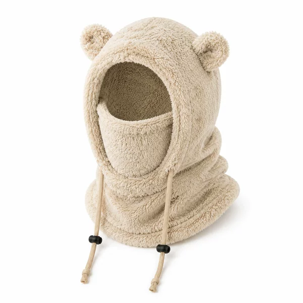 Children's Arctic fleece pullover hat with ear protection, windproof cotton hat for outdoor cycling, warm neck warmer and mask, bear ear integrated hat