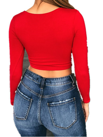 2022 Spring and Autumn Solid Color V-Neck Navel Sexy Slim Long-Sleeved Short Top T-Shirt Shows Figure