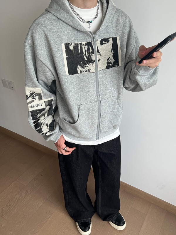 Handsome Patch Embroidered Hooded Sweatshirt Men's Spring and Autum New Loose Casual American Retro Hoodie Jacket Jacket