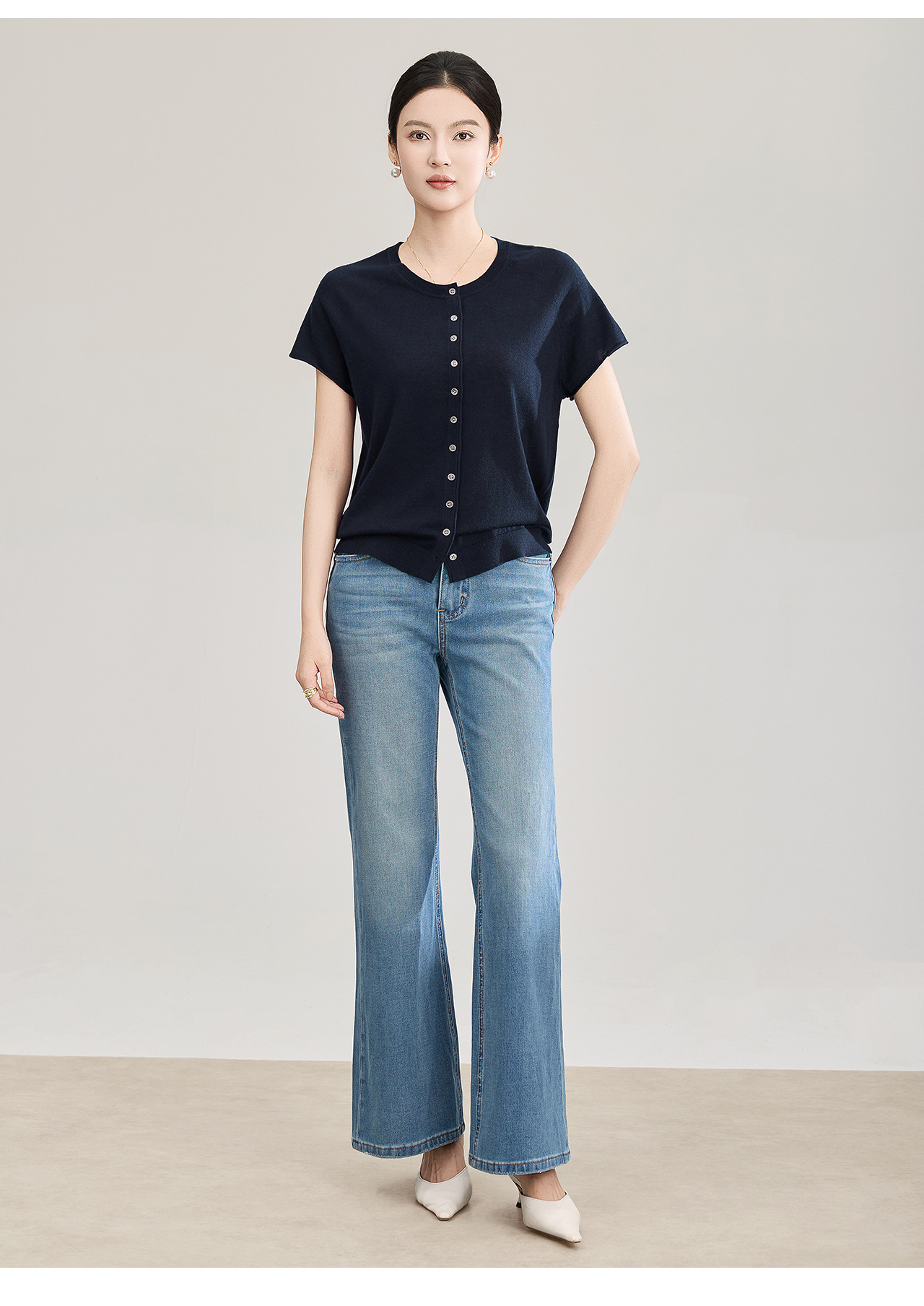Áo cardigan len nhỏ tay ngắn dáng rộng phong cách lười biếng — màu xanh navy chi tiết 16