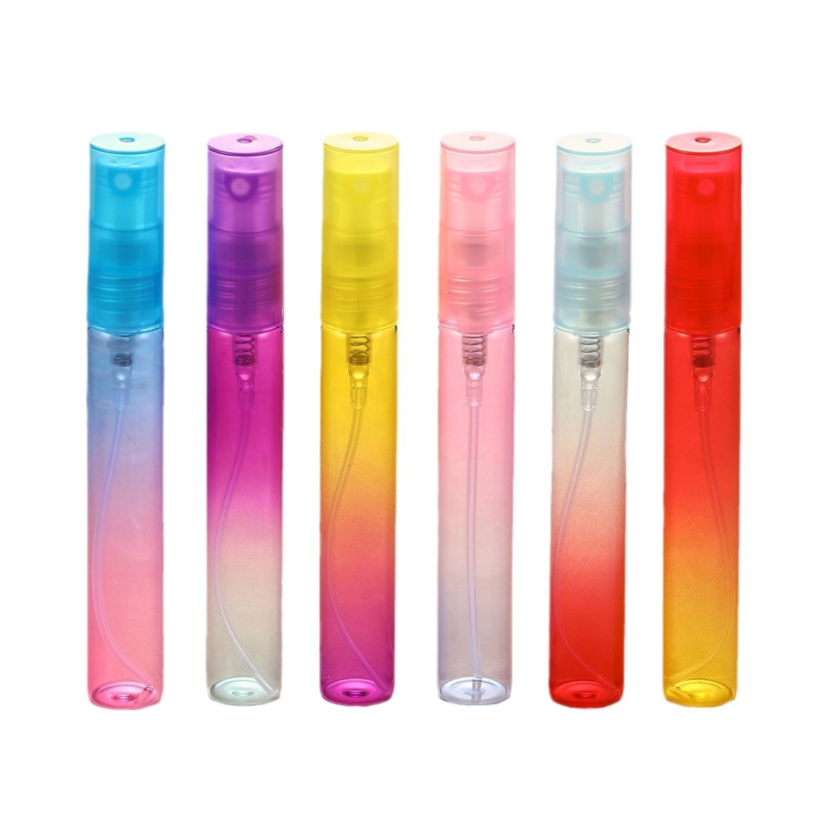 Botella de spray de vidrio delgado de 8ml con cabezal de bomba de presión Botella de tubo de tracción del arco iris Botella de subenvasada de cosméticos líquidos pequeños y portátiles