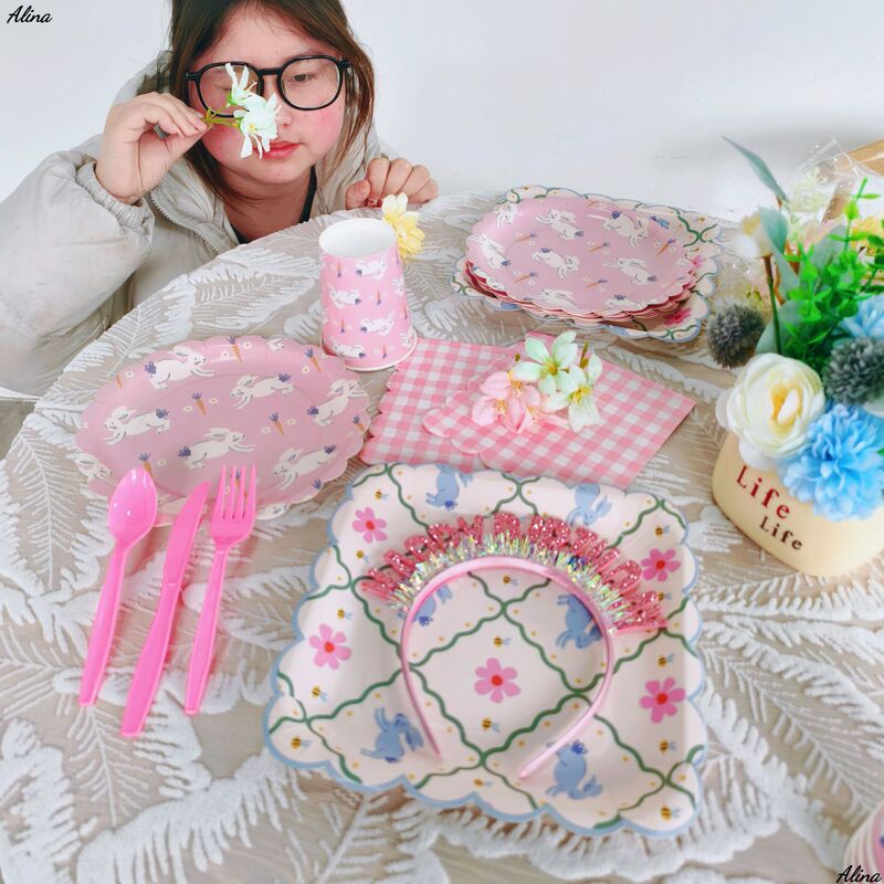 Cross-Border Pink Rabbit Theme Party Disposable Paper Plates and Cups Tableware Set Birthday Decoration Supplies Cross-Border Pink Rabbit Theme Party Disposable Paper Plates and Cups Tableware Set Birthday Decoration Supplies