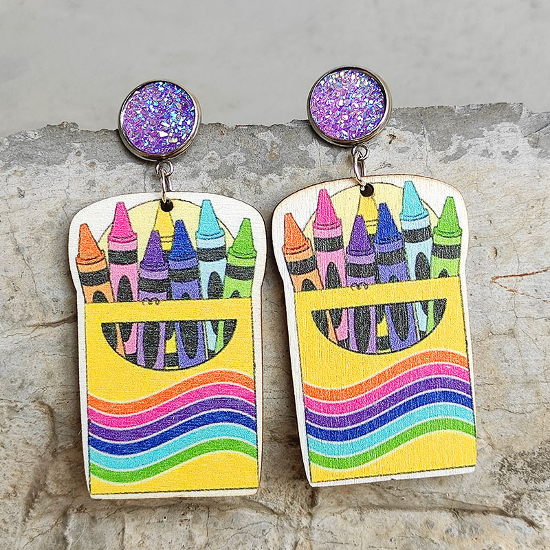 1 Pair Cute Funny Rainbow Star Cat Wood Drop Earrings display picture 3