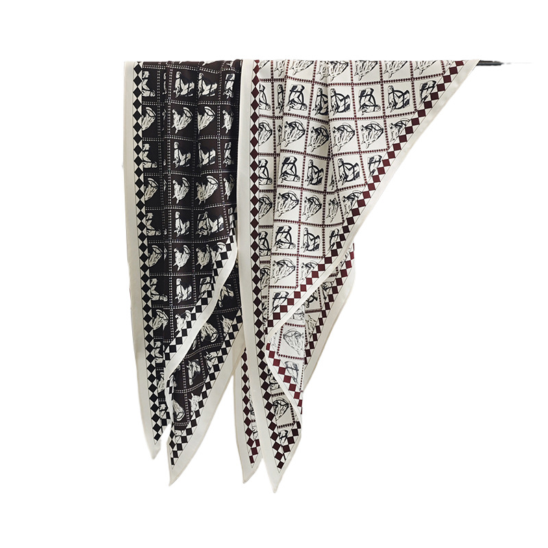 Bufanda triangular con estampado de objeto en movimiento avanzado de moda blanca marrón pony ins Bufanda de seda fina de temperamento creativo transfronterizo europeo y americano