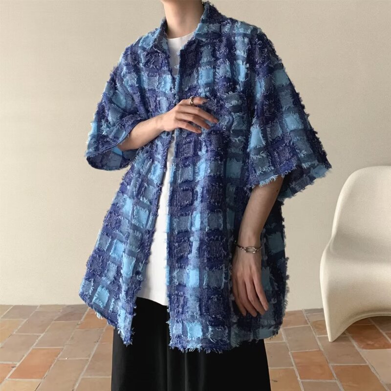 Raw Edge Plaid Color-Blocked Short-Sleeved Tie-Dye Shawl Outer Wear Handsome Shirt Men's Tassel Short-Sleeved Vibe Style Shirt