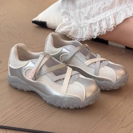 [Cowhide Version] Girls' Morality Training Shoes Women's 2025 New Ballet Style Sports Casual Shoes Silver Soft Sole Shoes
