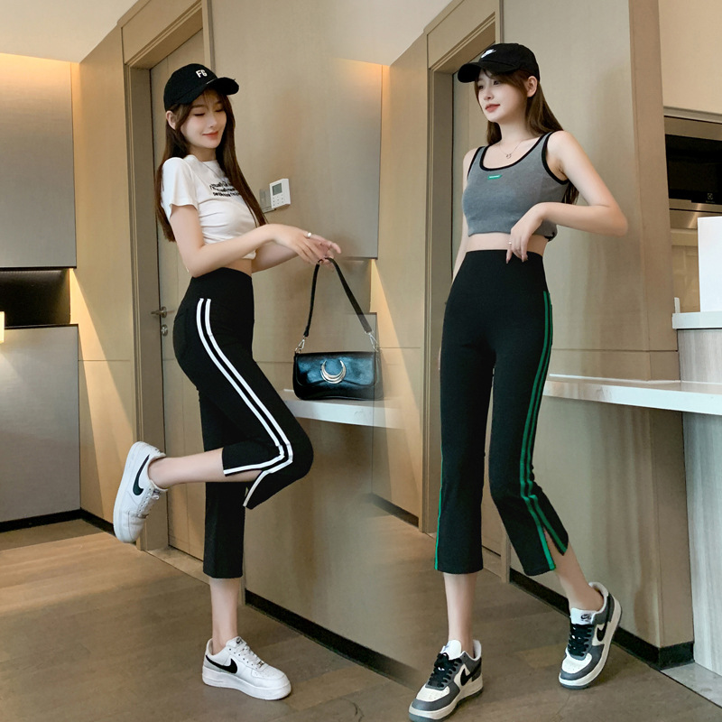 七分裤女夏季薄款鲨鱼裤小个子八分显瘦瑜伽裤运动高腰开叉打底裤