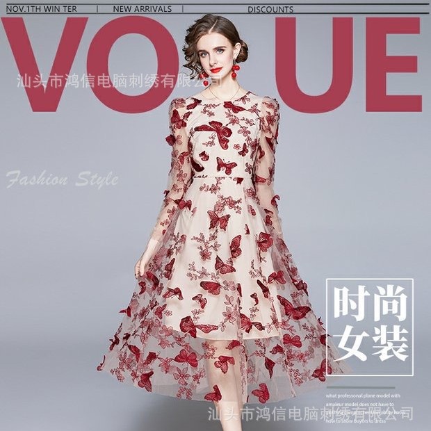 满幅蝴蝶立体花 多色 网布绣 时尚连衣裙礼服用料，现货蕾丝