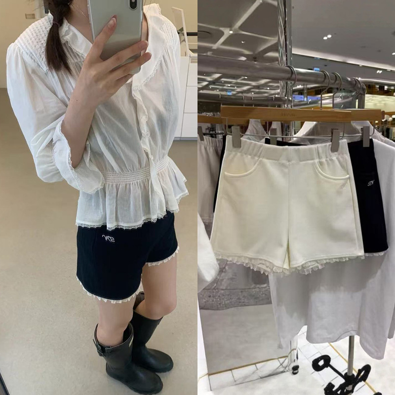 New 2026 Summer Collection Korean Designer tan*at Patchwork Hem Lace Elastic Waist Shorts