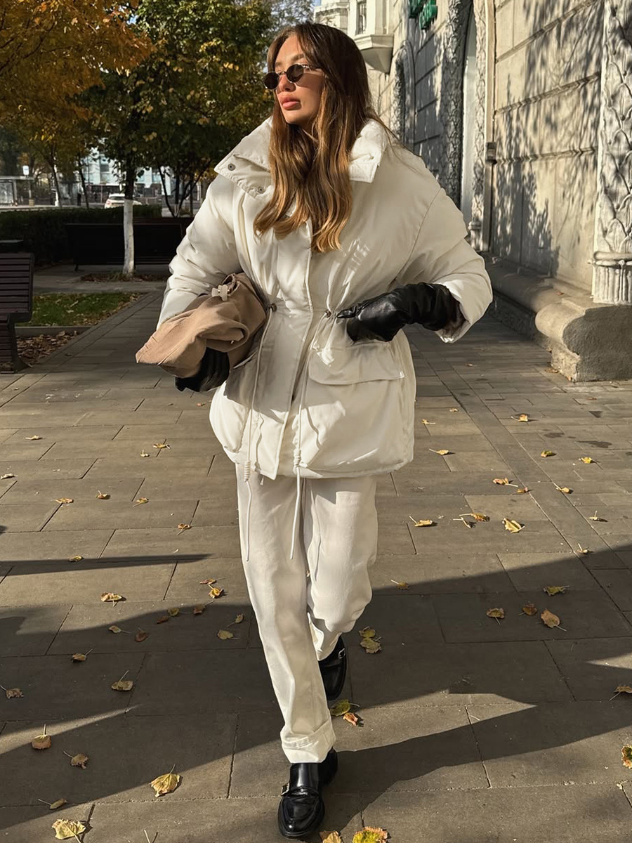 Transfronteriza abrigo de algodón caliente y delgado Europa y los Estados Unidos 2025 invierno nuevo tipo de chaqueta de algodón de cintura de cordón de invierno ropa de algodón de moda mujer