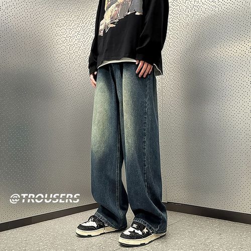 Vintage Blue Men's Loose Distressed Oversize Pants American Casual Flowy Wide Leg Floor-Length Pants Trendy