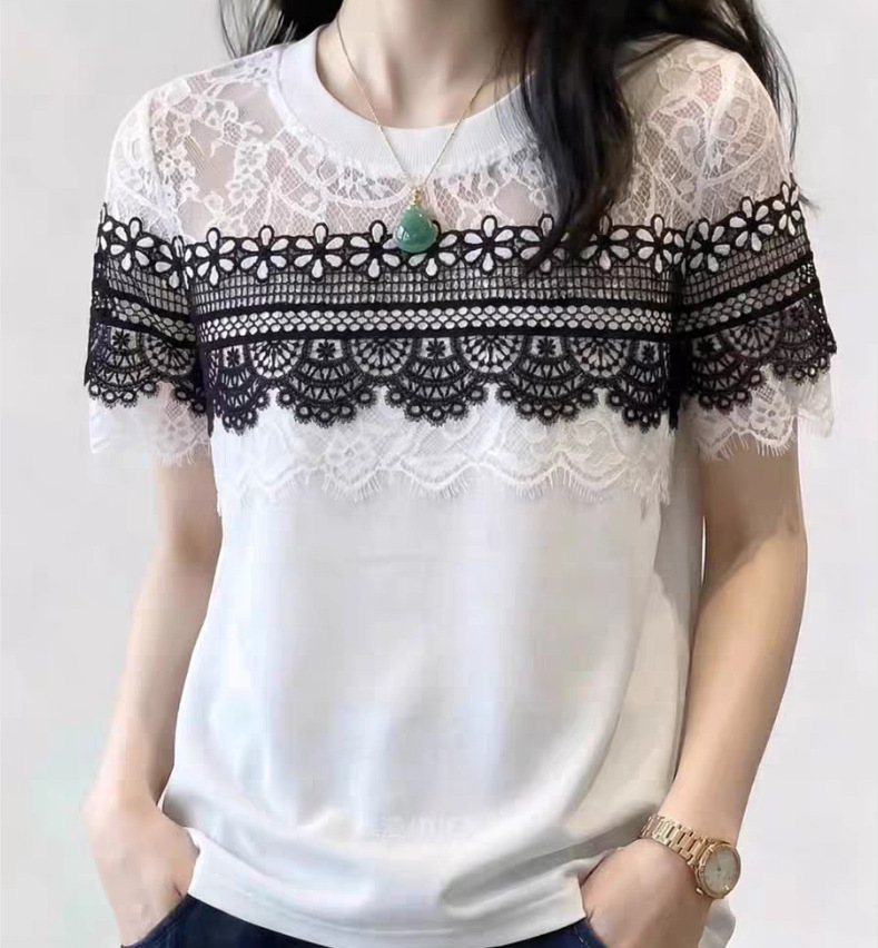 Áo thun nữ tay ngắn ren phối cổ tròn trắng thiết kế cao cấp — màu trắng chi tiết 5