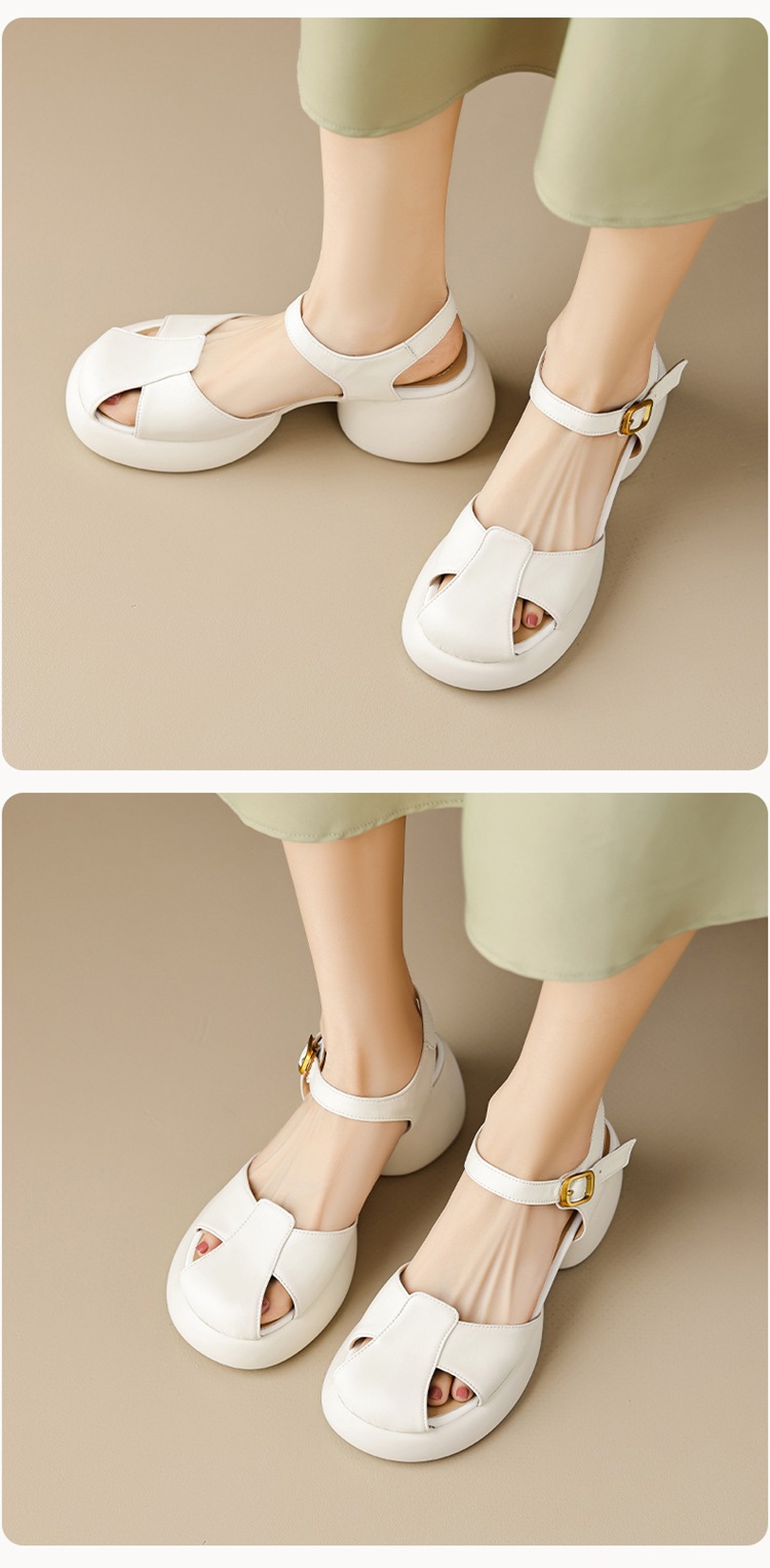 Sandal cao gót nữ bít mũi da cừu gót thô kiểu La Mã đế dày quai ngang — Màu trắng be chi tiết 8