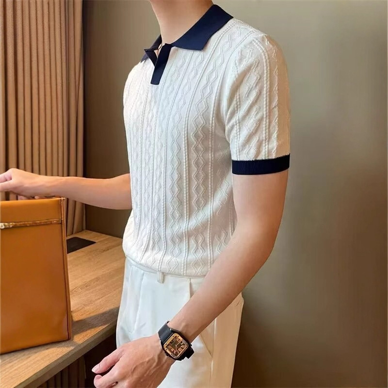 Herren-Sommerpullover aus Eisseide, Strick, Kurzarm, lässiges T-Shirt im koreanischen Stil, trendige Slim-Fit-Passform, vielseitiges Oberteil_voghion.com