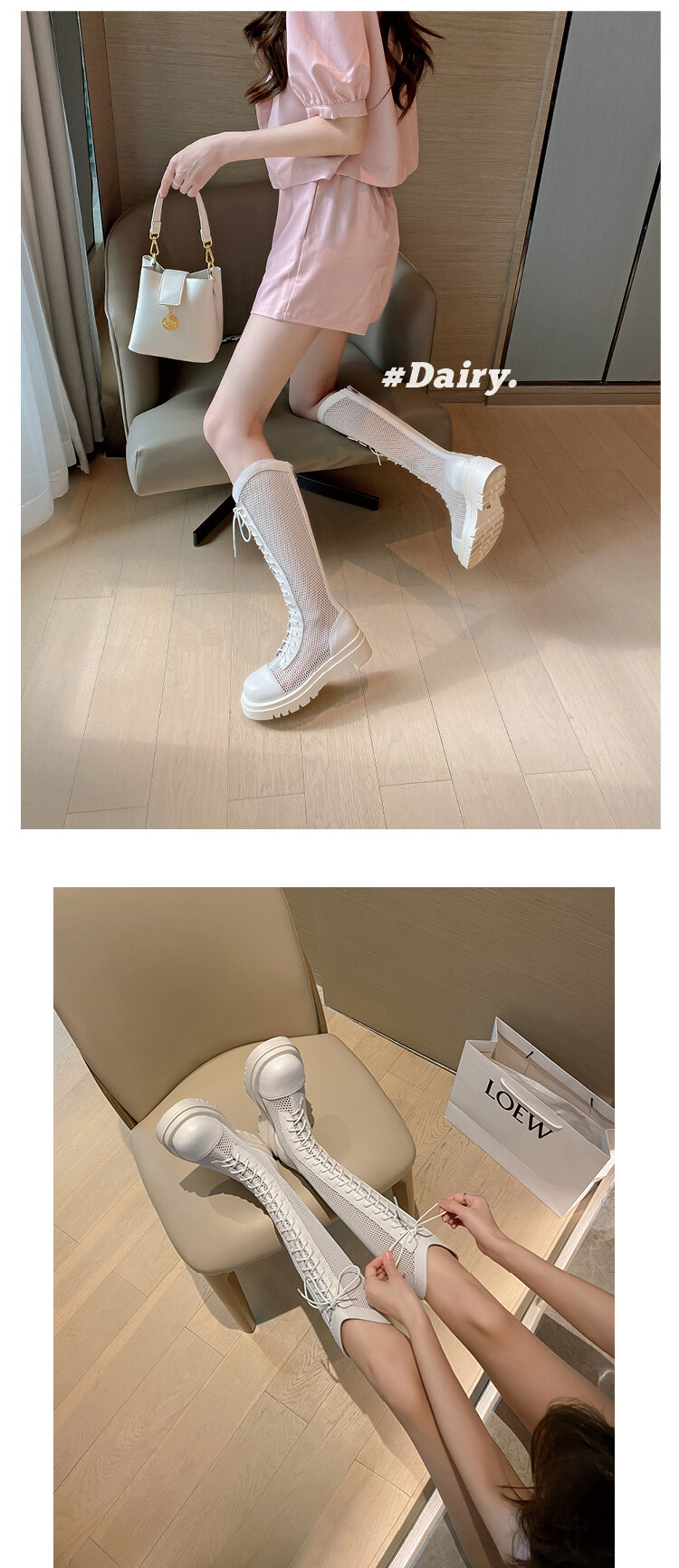 Boot lưới da thật cổ cao đế dày thoáng khí mùa xuân hè phong cách kỵ sĩ buộc dây — Màu nâu ống lớn, Màu đen cổ ống lớn, Ống nhỏ màu đen, Ống nhỏ màu be chi tiết 51