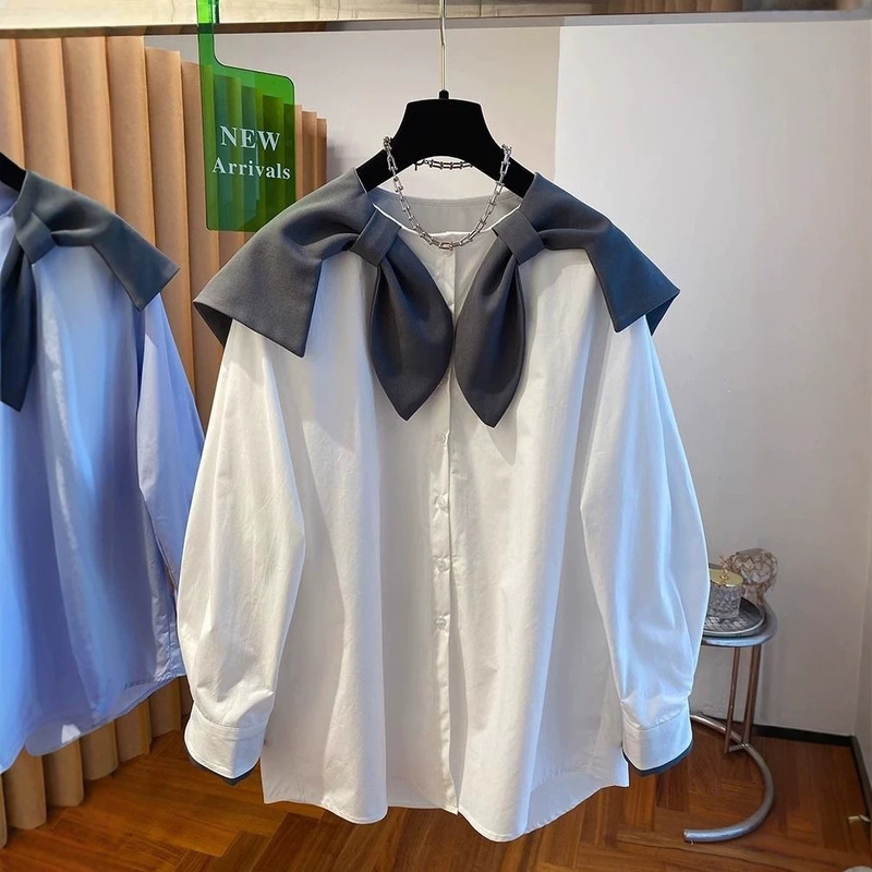 Jinbukang designer niche bow-tie navy collar large lapel shirt for women, 2026 new style, loose and youthful doll style