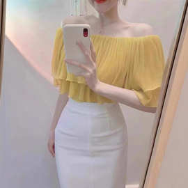 1122法式荷叶边一字肩压䙱上衣设计感露肩一字领针织衫夏季