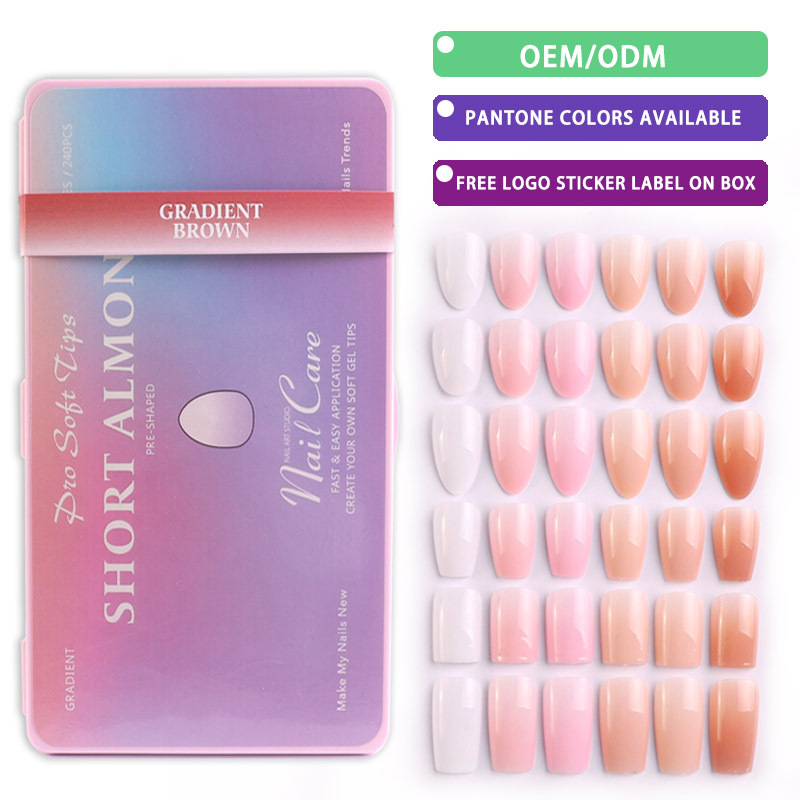 Armadura de almendra corta degradada 240 piezas de manicura en caja, alta permeabilidad, alta elasticidad, sin amarilleamiento, uñas postizas de alta gama