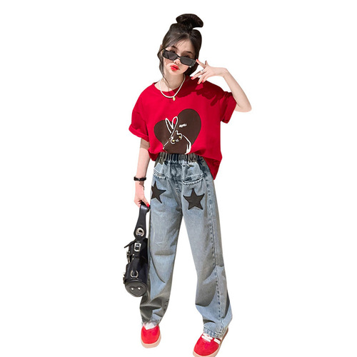 Kids' Summer Short Sleeve T-Shirt and Jeans Set, Korean Style, Large Children's  New Summer Outfit, Trendy Two-Piece Set