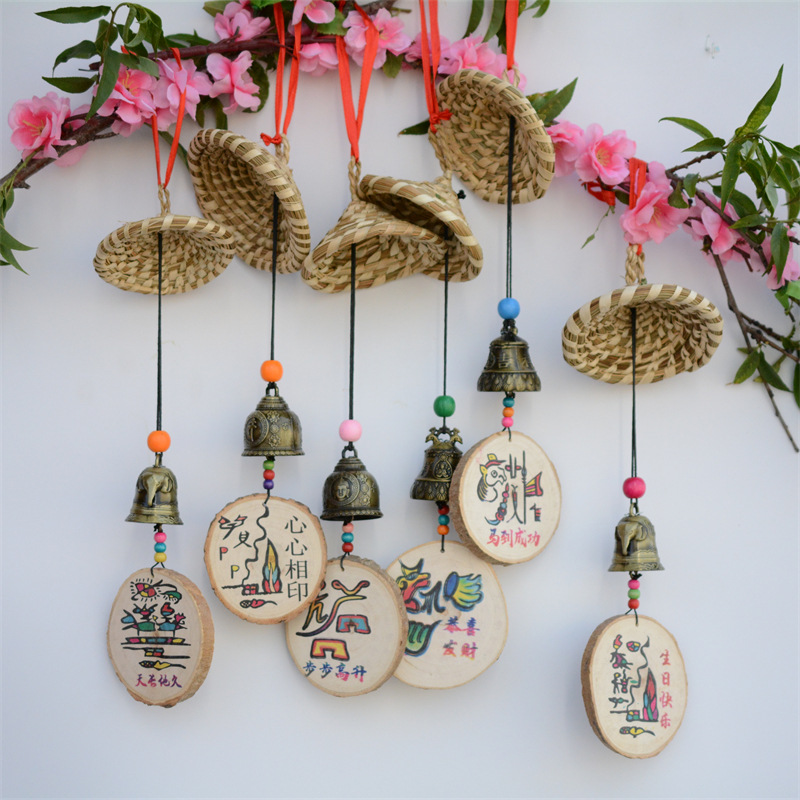 云南民族风丽江东巴文草帽木片许愿牌风铃酒吧客栈挂饰挂件风铃可