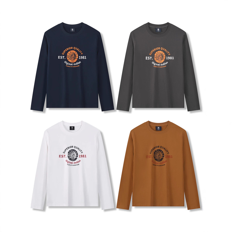 2025 In-Stock Autumn/Winter Vintage Pure Cotton Long-Sleeve Men's T-Shirt Trendy Embroidered T-Shirt Men's Base Shirt Wholesale Af