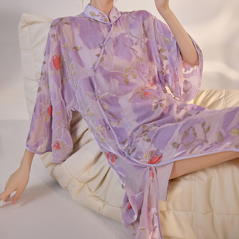National Style Embroidered Light Purple Long Shirt, Slimming Mulberry Silk Top M5123, Loose Fit, Artistic Retro