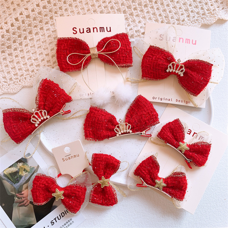 Children's New Year Red Bow Crown Hair Clip for Girls, Baby Scandal Hairstyle Top Hairpin Hair Decorations, Set of 2 Baby Headbands Hair Accessories
