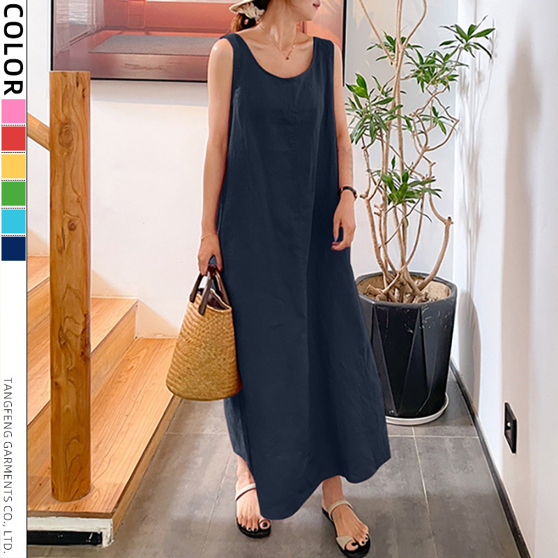 Xiyin Amazon Temu Hot-Selling Cross-Border Foreign Trade European and American New Style Solid Color Sleeveless Round Neck Loose Dress for Women Summer Xiyin Amazon Temu Hot-Selling Cross-Border Foreign Trade European and American New Style Solid Color Sleeveless Round Neck Loose Dress for Women Summer