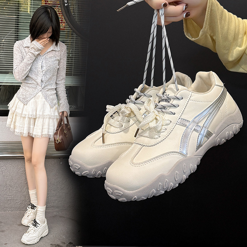 Zapatos de entrenamiento de plata de fondo grueso de mujeres zapatos de otoño 2025 nuevos zapatos deportivos casuales ligeros de doble cordón zapatos Agan